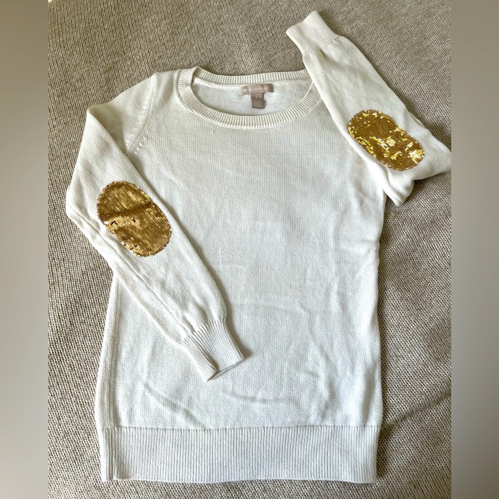 Sweater! White, gold elbow patches